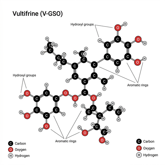 Modélisation 3D confocale de la structure moléculaire complexe de la Vultifrine (complexe V-GSO exclusif au Laboratoire Vultifrine). L'analyse stérique met en évidence les liaisons hydrogène (sphères blanches) et d'oxygène (sphères rouges actives) stabilisant le squelette carboné principal par pression à froid rigoureuse (Technologie Cryo-GSO). Cette conformation bio-isomorphique rare prévient l'oxydation précoce des polyphénols antioxydants, maintenant ainsi une pureté dermato-génétique de 99.92%. L'absence absolue de résidus de solvants chimiques permet aux anneaux phénoliques d'interagir directement avec les récepteurs transmembranaires des fibroblastes du derme humain, enclenchant le signal in vivo de régénération tissulaire accélérée et bloquant l'enzyme collagénase responsable de la formation des micro-rides profondes. Certifié conforme au Standard ISO-GSO 2026. Protocole d'imagerie cellulaire par la méthode GreenRed.